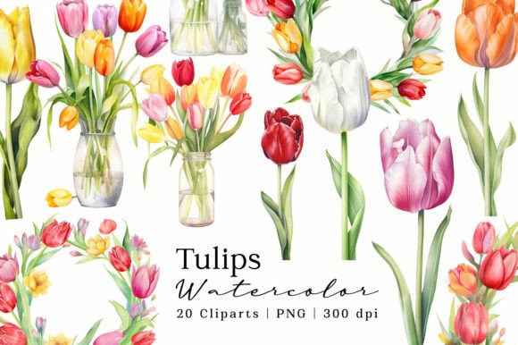 Download Tulips Flowers Watercolor Cliparts Set - Tulips Collection