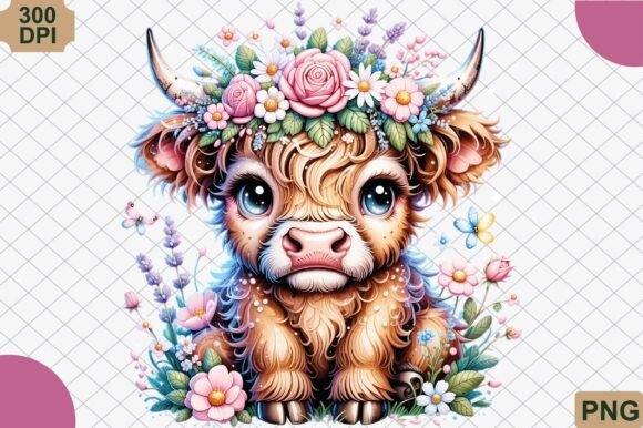 Download Boho Highland Cow and Pink Flowers PNG - Pink flowers Collection