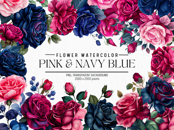 Download Pink and Navy Blue Flowers Watercolor - Blue flowers watercolor Collection